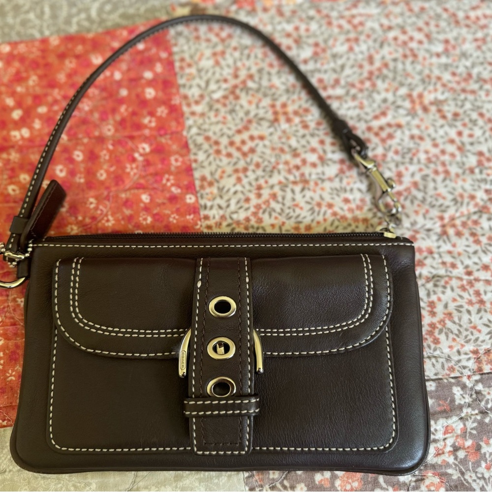 Coach large brown front buckle wristlet